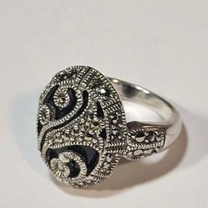 Vintage Sterling Silver, Marcasite, Jet Onyx
